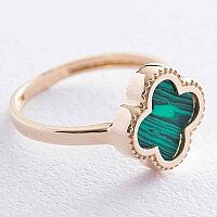 Кольцо в желтом золоте Клевер с малахитом 039181