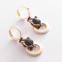 Золотые серьги Пантера с черными фианитами 038401