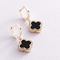 Серьги Клевер в желтом золоте с ониксом 038413