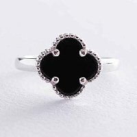 Кольцо Клевер в белом золоте с ониксом 038642