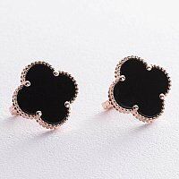 Женские серьги с ониксом в красном золоте Клевер 039245