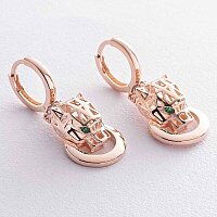 Серьги в красном золоте Пантера с зелеными фианитами 039127