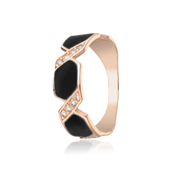 Золота каблучка з чорною емаллю і фіанітами 028662 детальне зображення ювелірного виробу