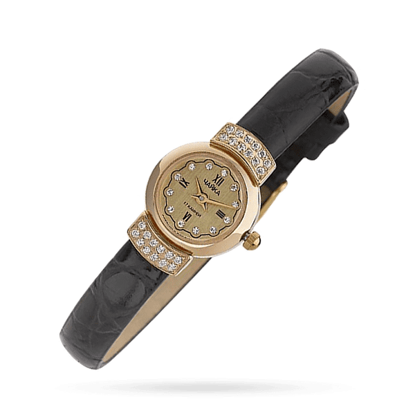 Годинник золотий жіночий кварцевий з шкіряним ремінцем та фіанітами купити