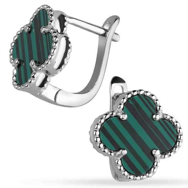 Срібні сережки Конюшина на англійській застібці з малахітом 038531 детальне зображення ювелірного виробу Срібні сережки Конюшина на англійській застібці з малахітом 038531 детальне зображення ювелірного виробу