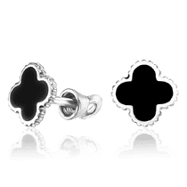 обзорное фото Сережки пуссеты из белого золота Клевер с черной эмалью 033913 Золотые серьги обзорное фото Сережки пуссеты из белого золота Клевер с черной эмалью 033913  Золотые серьги