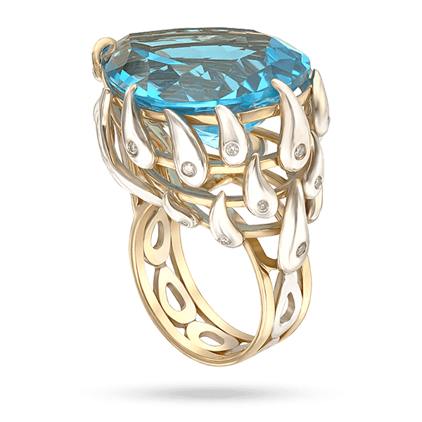 Золоті сережки з блакитним топазом органки груша та декором у формі стікаючих крапель задекорованих діамантами 