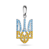 обзорное фото Серебряный подвес желто-голубой с фианитами Тризуб 037692 Серебряные подвески обзорное фото Серебряный подвес желто-голубой с фианитами Тризуб 037692  Серебряные подвески
