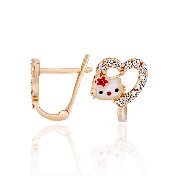 Золотые детские серьги в виде сердечка с кошечкой Китти 033318 детальное изображение ювелирного изделия Серьги с камнями Золотые детские серьги в виде сердечка с кошечкой Китти 033318 детальное изображение ювелирного изделия Серьги с камнями