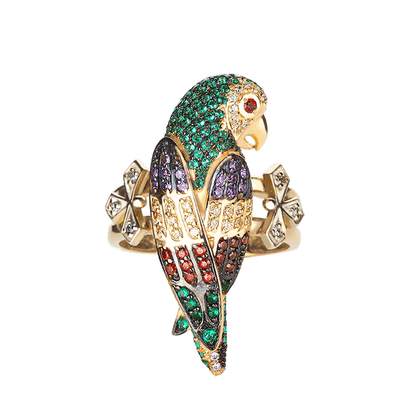 Золотое кольцо в желтом золоте с Попугаем фото Золотое кольцо в желтом золоте с Попугаем фото