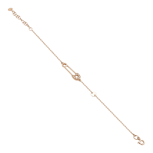 Золотий браслет з оригінальним декором у вигляді шпильки, інкрустованої фіанітами  Золотий браслет з оригінальним декором у вигляді шпильки, інкрустованої фіанітами