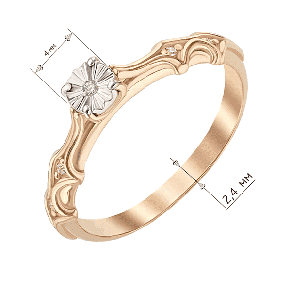 Золотое кольцо Винтаж с бриллиантом в рельефной оправе из белого золота  Золотое кольцо Винтаж с бриллиантом в рельефной оправе из белого золота