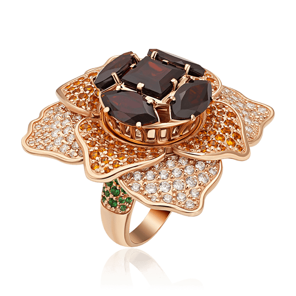 Дизайнерское золотое кольцо Цветок с гранатом и фианитами 034499 детальное изображение ювелирного изделия Золотые кольца Дизайнерское золотое кольцо Цветок с гранатом и фианитами 034499 детальное изображение ювелирного изделия Золотые кольца