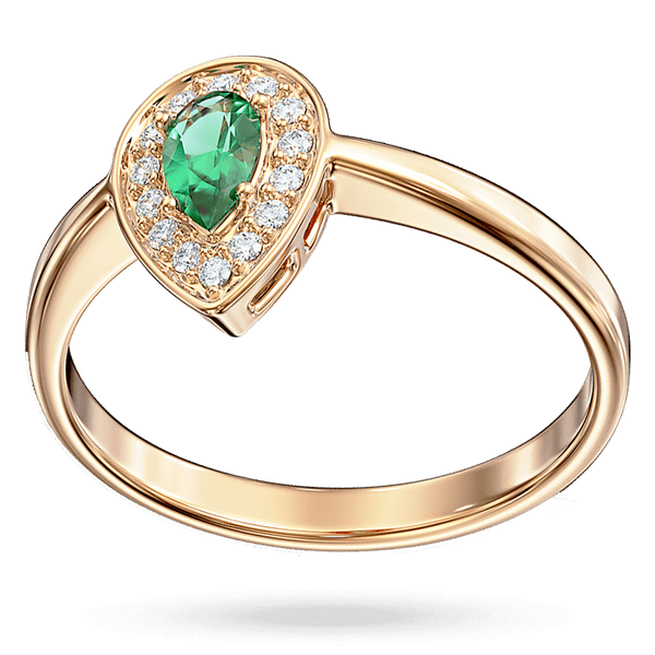 Золотое кольцо в форме капли с центральным изумрудом в огранке груша окруженным бриллиантами Золотое кольцо в форме капли с центральным изумрудом в огранке груша окруженным бриллиантами