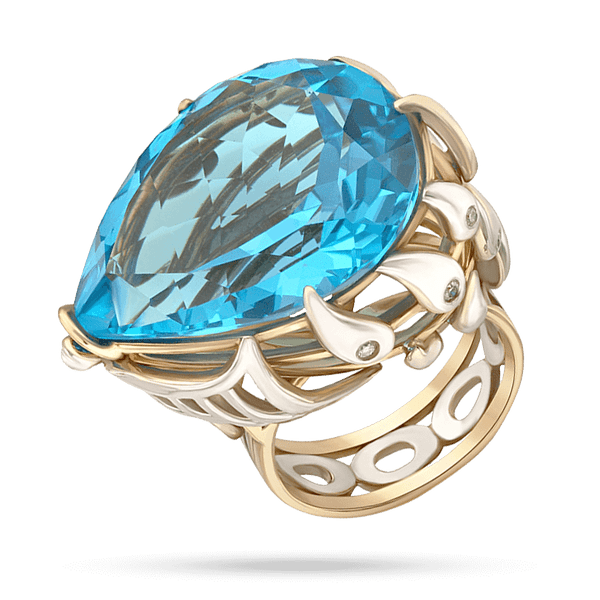 Золотое кольцо с топазом органки груша и декором в форме стекающих капель с бриллиантами 040505 детальное изображение ювелирного изделия Золотые кольца с топазом