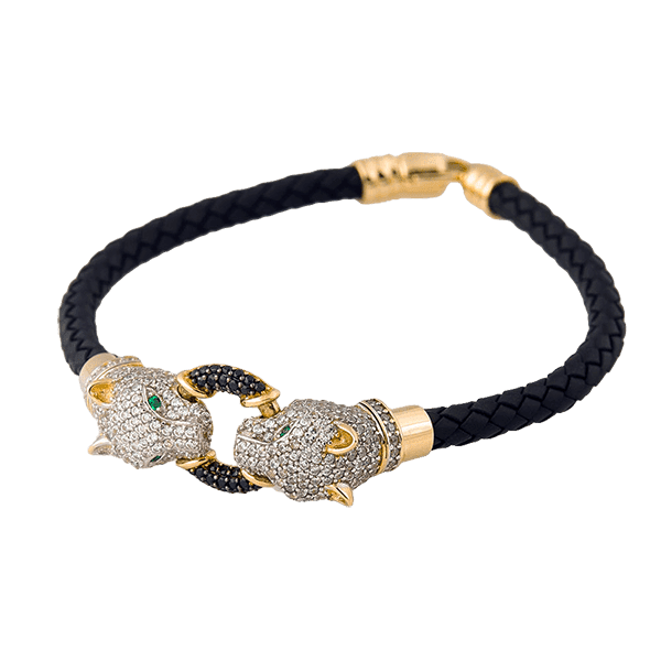 Браслет каучуковый в желтом золоте "Пантеры" с фианитами 025675 детальное изображение ювелирного изделия Золотые браслеты с каучуком Браслет каучуковый в желтом золоте "Пантеры" с фианитами 025675 детальное изображение ювелирного изделия Золотые браслеты с каучуком
