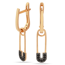 обзорное фото Золотые серьги с черными фианитами в виде булавки 038847  Золотые серьги с фианитом