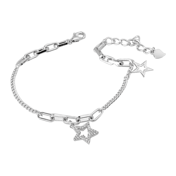 Серебряный браслет из комбинации разных звеньев и звездами одна из которых украшена фианитами 040558 детальное изображение ювелирного изделия Серебряные женские браслеты