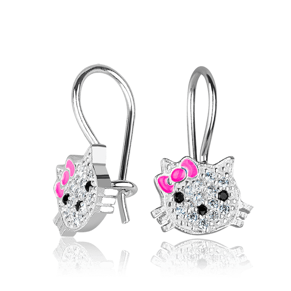 Серебряные детские серьги Китти Kitty с фианитами и эмалью 925 пробы 037598 детальное изображение ювелирного изделия Детские серебряные серьги  Серебряные детские серьги Китти Kitty с фианитами и эмалью 925 пробы 037598 детальное изображение ювелирного изделия Детские серебряные серьги
