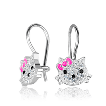 обзорное фото Серебряные детские серьги Китти Kitty с фианитами и эмалью 925 пробы 037598  Детские серебряные серьги 