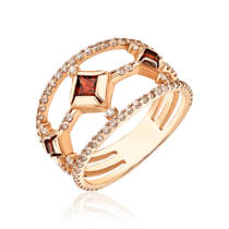 обзорное фото Женское золотое кольцо с гранатами и фианитами 036069  Золотые кольца