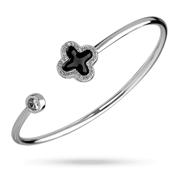 Серебряный жесткий браслет с эмалью "Клевер" инкрустированный большим и маленькими фианитами 040106 детальное изображение ювелирного изделия Серебряные женские браслеты