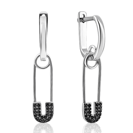 Cрібні сережки у формі булавки на англійській застібці з чорнимифіанітами 037745 детальне зображення ювелірного виробу Cрібні сережки у формі булавки на англійській застібці з чорнимифіанітами 037745 детальне зображення ювелірного виробу