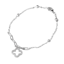 обзорное фото Серебряный браслет якорного плетения с шариками, звеньями и клевером, украшенным фианитами 040563  Серебряные женские браслеты