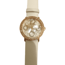 обзорное фото Часы с золотым корпусом с цирконием и кожаным ремешком 036170  Женские золотые часы