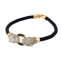 обзорное фото Браслет каучуковый в желтом золоте "Пантеры" с фианитами 025675 Золотые браслеты с каучуком обзорное фото Браслет каучуковый в желтом золоте "Пантеры" с фианитами 025675  Золотые браслеты с каучуком