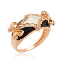 обзорное фото Золотое кольцо в стиле Барокко с черно-белой эмалью 033859 Золотые кольца обзорное фото Золотое кольцо в стиле Барокко с черно-белой эмалью 033859  Золотые кольца