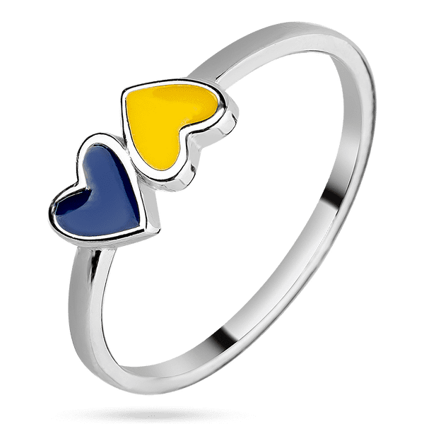 Срібна каблучка з маленькими сердечками з жовто - блакитною емаллю 039481 детальне зображення ювелірного виробу Срібна каблучка з маленькими сердечками з жовто - блакитною емаллю 039481 детальне зображення ювелірного виробу