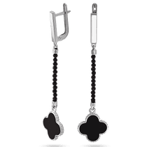 обзорное фото Женские серьги Клевер с черным агатом и черной эмалью в белом золоте 039661 Золотые серьги с агатом обзорное фото Женские серьги Клевер с черным агатом и черной эмалью в белом золоте 039661  Золотые серьги с агатом