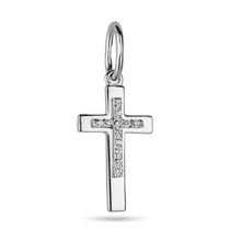 обзорное фото Золотой маленький крестик с фианитами в белом золоте 038043 Декоративные золотые крестики обзорное фото Золотой маленький крестик с фианитами в белом золоте 038043  Декоративные золотые крестики
