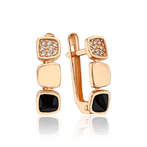 обзорное фото Золотые сережки Квадраты с фианитами и черной эмалью 034489  Золотые серьги