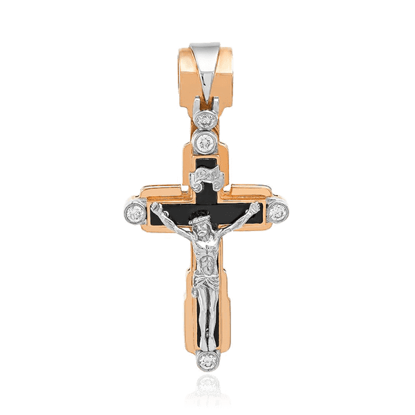 Нательный золотой крест мужской с ониксом и цирконами 036525 детальное изображение ювелирного изделия Золотые крестики Нательный золотой крест мужской с ониксом и цирконами 036525 детальное изображение ювелирного изделия Золотые крестики