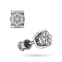 обзорное фото Пусеты в белом золоте с бриллиантовой композицией в виде цветка 041436 Золотые серьги с бриллиантами обзорное фото Пусеты в белом золоте с бриллиантовой композицией в виде цветка 041436  Золотые серьги с бриллиантами