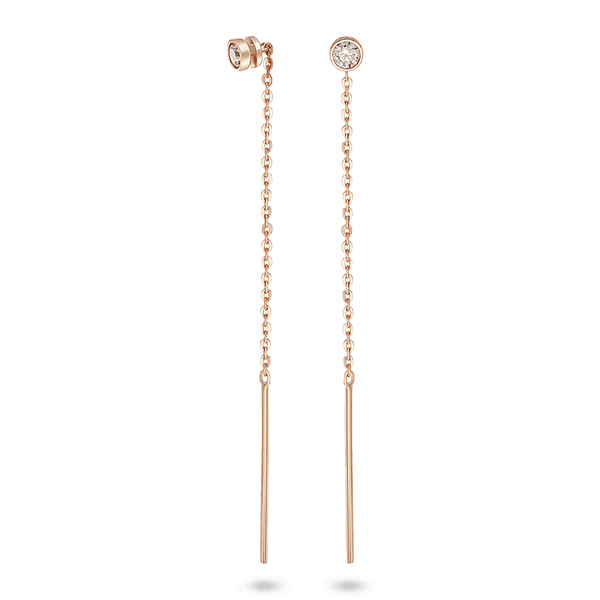 Золоті сережки-протяжки з круглим фіанітом та тонким ланцюжком з циліндричними підвісками 040718 детальне зображення ювелірного виробу Золоті сережки-протяжки з круглим фіанітом та тонким ланцюжком з циліндричними підвісками 040718 детальне зображення ювелірного виробу