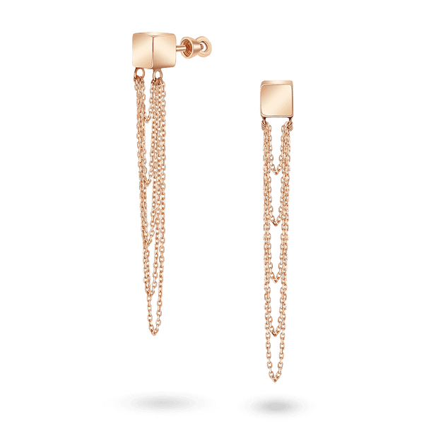 Золотые эксклюзивные серьги-пусеты Кубик с цепочками 040940 детальное изображение ювелирного изделия Золотые серьги без вставок