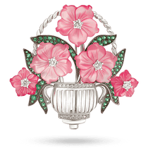 обзорное фото Серебряная брошь "Корзина с букетом розовых перламутровых цветов" украшена фианитами 040659  Серебряные броши