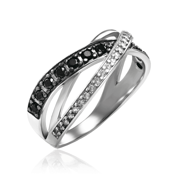 Серебряное кольцо переплетение с черными и белыми фианитами 034981 детальное изображение ювелирного изделия Серебряные кольца Серебряное кольцо переплетение с черными и белыми фианитами 034981 детальное изображение ювелирного изделия Серебряные кольца
