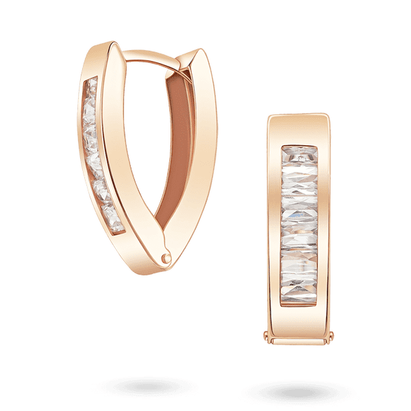 Лаконичные серьги-конго в красном золоте с дорожкой фианитов багетной огранки 041125 детальное изображение ювелирного изделия Золотые серьги с фианитом Лаконичные серьги-конго в красном золоте с дорожкой фианитов багетной огранки 041125 детальное изображение ювелирного изделия Золотые серьги с фианитом