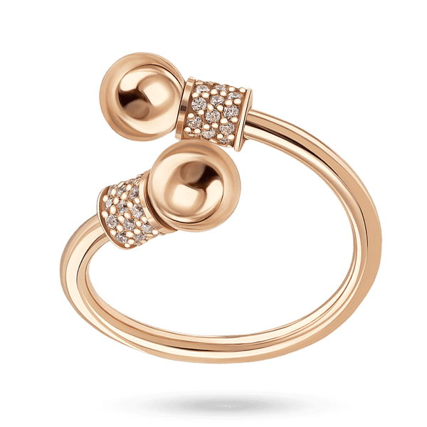 Геометрична каблучка у червоному золоті у формі відкритого обручка з двома сферами, обрамленими вставками з сяючими фіанітами купити Геометрична каблучка у червоному золоті у формі відкритого обручка з двома сферами, обрамленими вставками з сяючими фіанітами купити