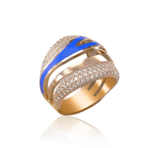 обзорное фото Золотое кольцо с синей эмалью и фианитами 030871  Эксклюзивные кольца из золота