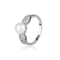 обзорное фото Серебряное кольцо с жемчугом и фианитами 028003  Серебряные кольца со вставками