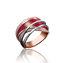 обзорное фото Золотое кольцо с красной эмалью и фианитами 030844  Эксклюзивные кольца из золота