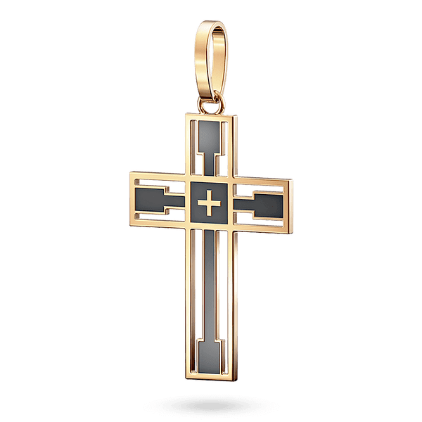 Подвес золотой крестик с современным геометрическим дизайном и вставками с черной эмали 040627 детальное изображение ювелирного изделия Золотые кулоны с эмалью Подвес золотой крестик с современным геометрическим дизайном и вставками с черной эмали 040627 детальное изображение ювелирного изделия Золотые кулоны с эмалью