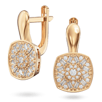 обзорное фото Серьги украшеные роскошной симметричной инкрустацией из круглых и прямоугольных фианитов 040842  Золотые серьги с фианитом