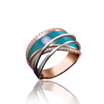 обзорное фото Золотое кольцо с фианитами и голубой эмалью 030841  Эксклюзивные кольца из золота