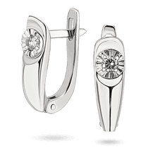 обзорное фото Серьги из белого золота заужены вниз с центральным круглым бриллиантом в рельефной оправе 040515  Золотые серьги с бриллиантами